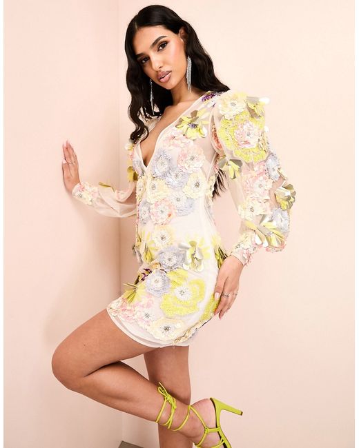 ASOS Luxe v-neck sheer mini dress with placement embellished flowers floral