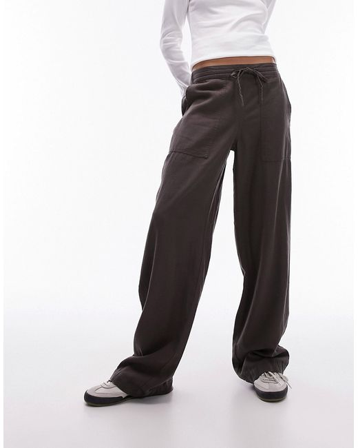 TopShop linen low rise draw cord waist straight leg pants charcoal-