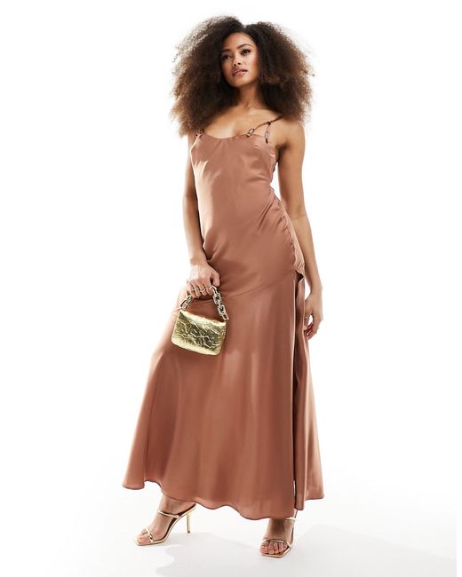 Asos Design satin buckle strap maxi dress with fuller skirt mocha-