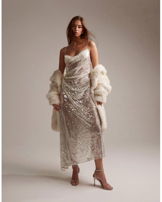 Asos Design bridal asymmetric bias draped cami midaxi dress sheer sequin-