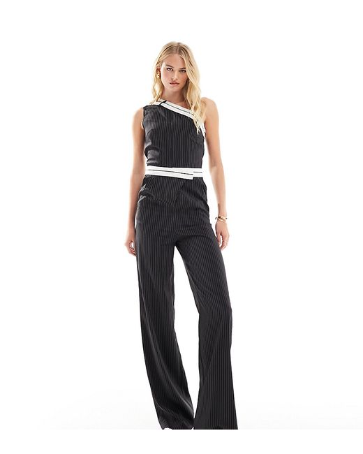 Extro & Vert Tall one shoulder pinstripe jumpsuit with waistband detail-