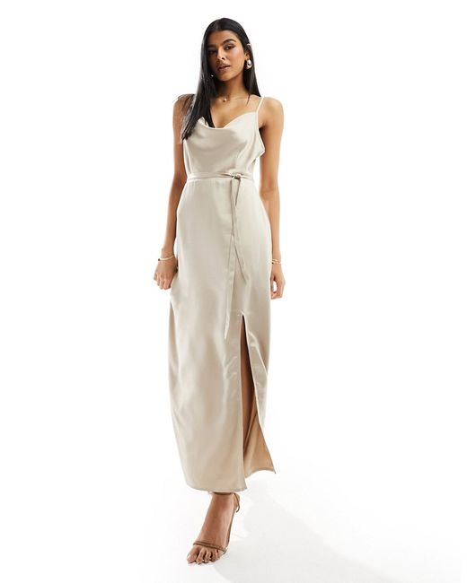 Vila bridesmaid cowl neck cami dress with tie belt and front split stone-