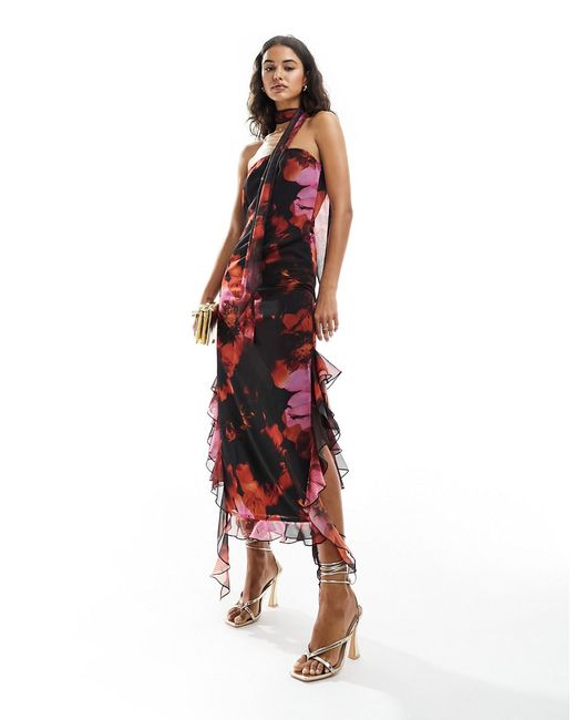 Miss Selfridge chiffon bandeau maxi dress with scarf oversized floral-
