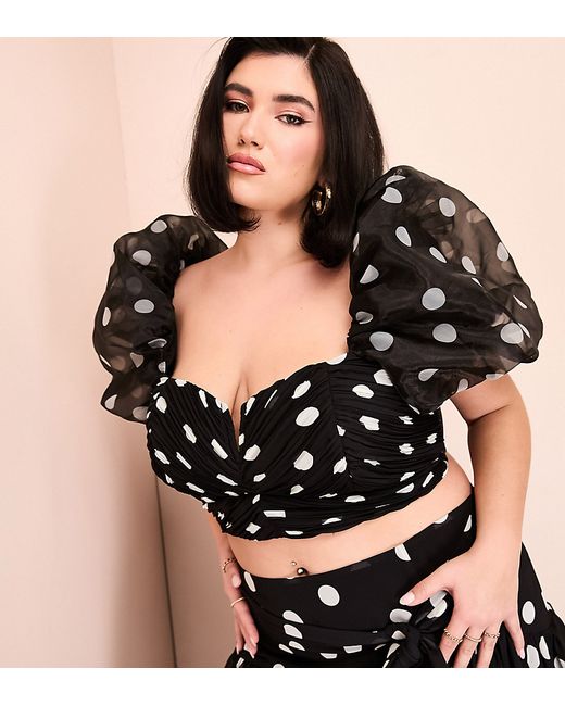 ASOS Luxe Curve organza puff sleeve polka dot top with bow back monochrome part of a set-