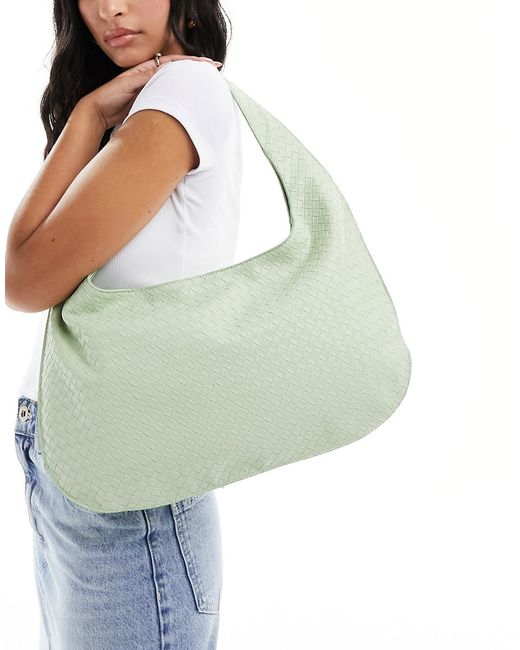 Glamorous woven shoulder tote bag pale green-