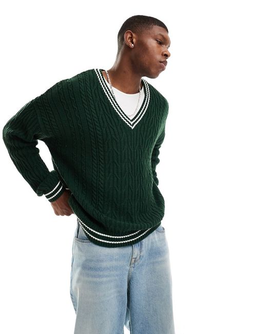 Asos Design oversized cable knit cricket sweater white tipping