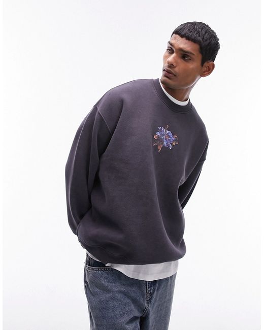 Topman oversized fit sweatshirt with painted floral print washed charcoal-