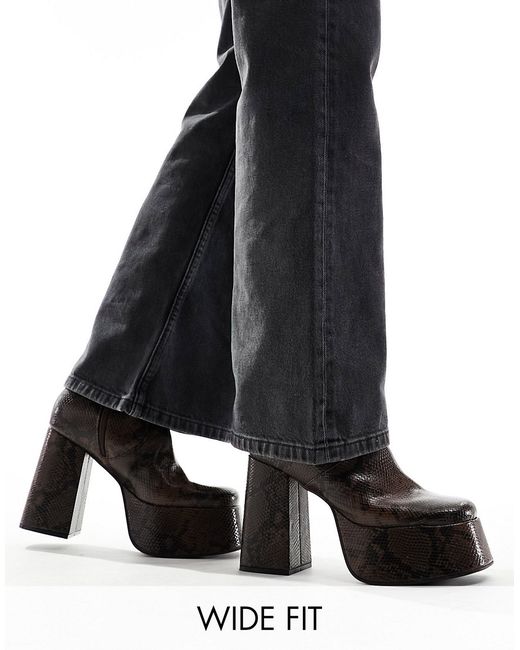 Asos Design knee high platform heeled boots snake print faux leather-