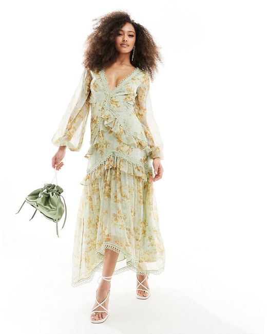 Asos Design long sleeve cut out midi dress vintage floral print-