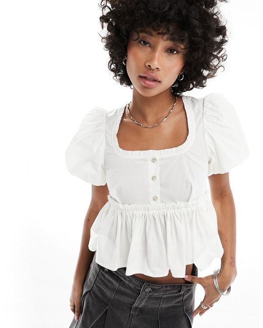 Monki milkmaid blouse with ruffle neckline and back bow detail-