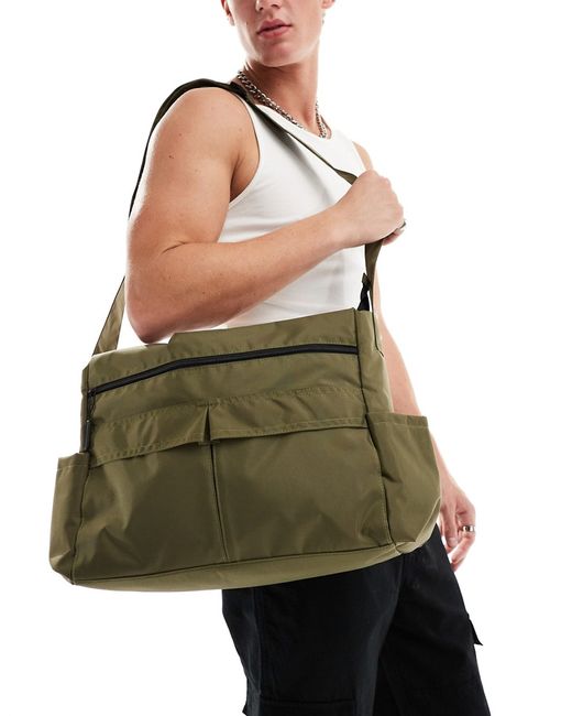 Asos Design cross body tote bag with pockets khaki-