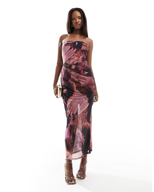Asos Design bandeau midi dress with drape mesh bodice pink abstract print-