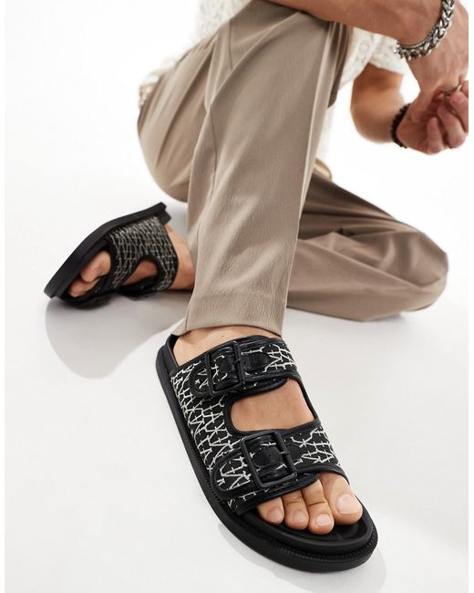 Asos Design double buckle sandal black woven monogram canvas-