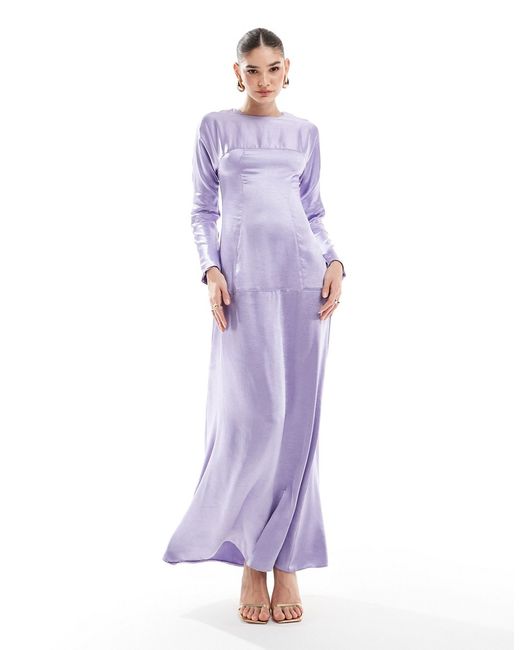 Asos Design satin seam detail maxi dress with long sleeves lilac-