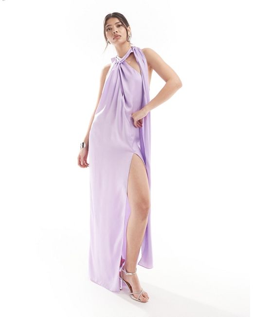 Asos Design satin halter wrap neck detail maxi dress with drape lavender-