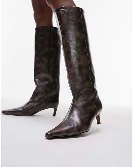 TopShop Tara premium leather knee high heeled boots distressed