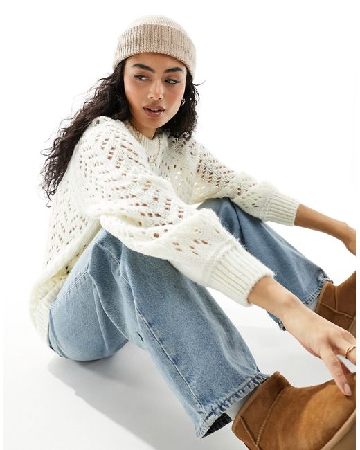 Asos Design crew neck sweater loose pointelle stitch cream-