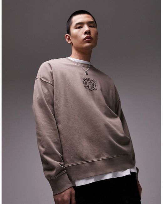 Topman oversized fit sweatshirt with Nolita embroidery washed brown-