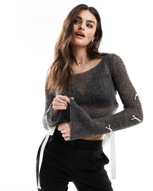 Miss Selfridge sheer knit contrast bow detail sweater charcoal-