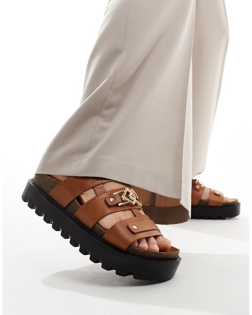 Asos Design chunky sandal tan pu with gold monogram detailing-
