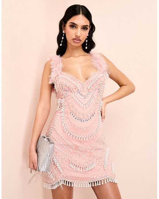 ASOS Luxe encrusted mini dress with faux pearl embellishment and feather straps