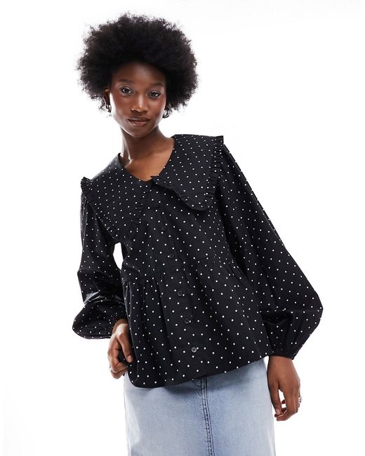 Monki long sleeve collar blouse black and white polka dot print-