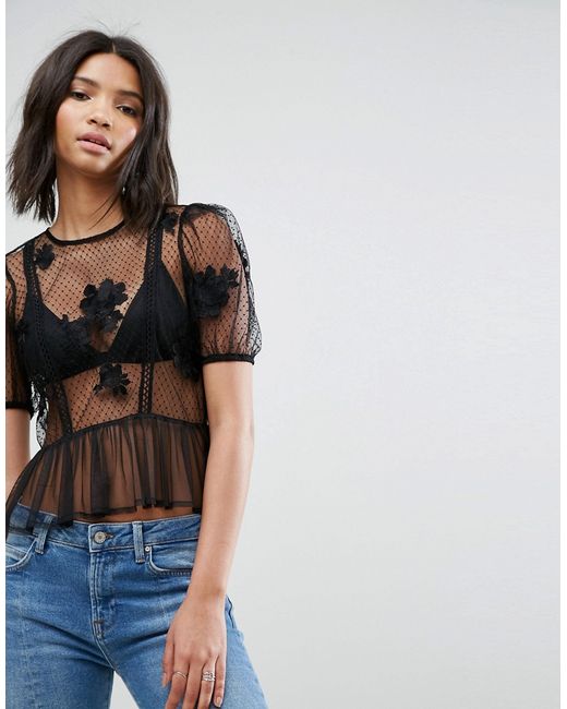 Asos Embroidered Dobby Lace Blouse with Sleeve Detail