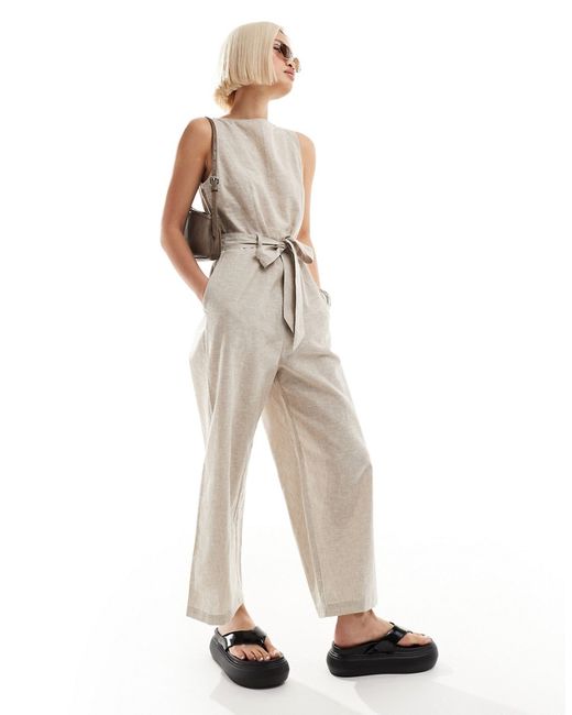 Monki linen mix sleeveless jumpsuit with tie belt detail