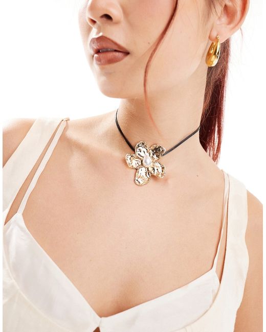 Asos Design choker necklace with hammered corsage detail faux pearl tone