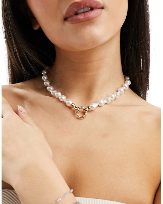 Asos Design necklace with faux freshwater pearl and clasp detail tone