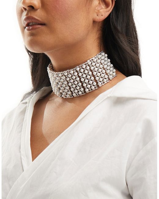 Asos Design Limited Edition choker necklace with faux pearl and crystal cupchain tone