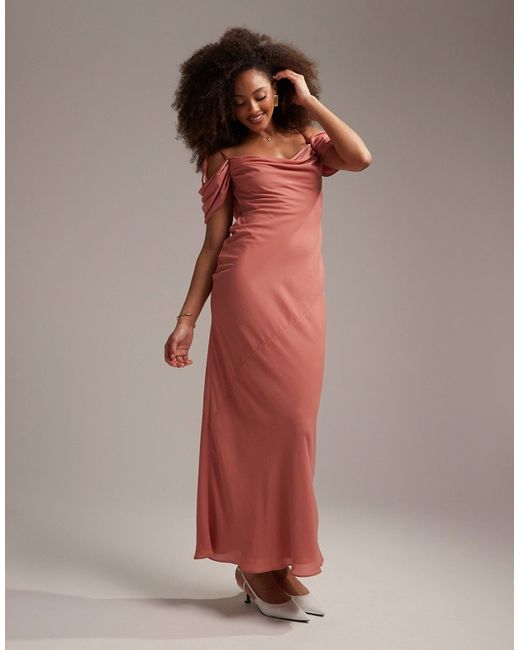 Asos Design Bridesmaid cowl front maxi dress with cold shoulder detail dusty rose-