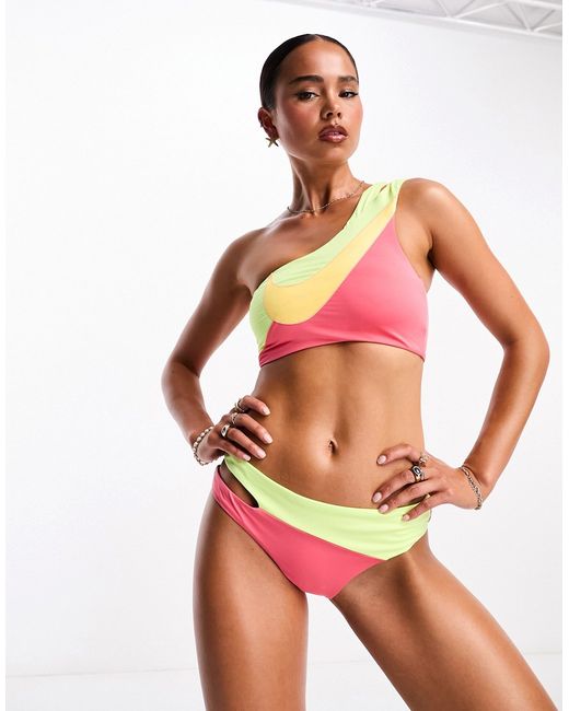 Nike Swimming Icon Swoosh Block asymmetrical bikini top pink and