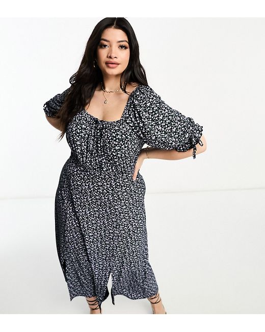 Yours Exclusive puff sleeve midi dress with split detail black floral-