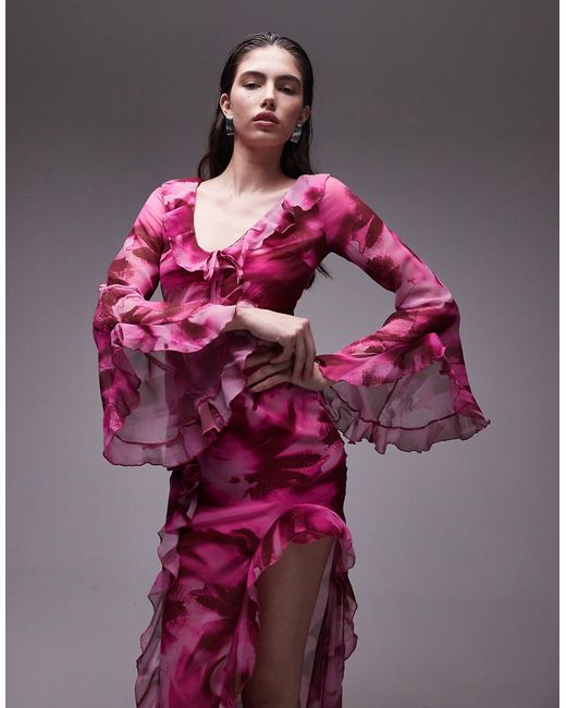 TopShop v neck ruffle midi dress with split pink blurred print-