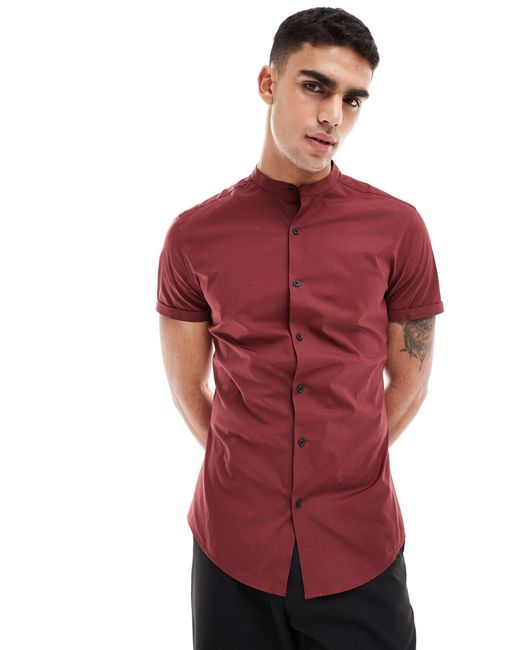 Asos Design skinny fit grandad collar shirt with roll sleeves burgundy-