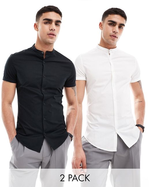 Asos Design 2 pack skinny fit band collar shirt with roll sleeves white/black-