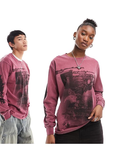 Reclaimed Vintage long sleeve oversized t-shirt with blur graphic burgundy-