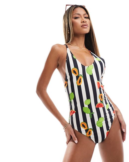 Urban Threads striped fruit print cross back detail swimsuit-