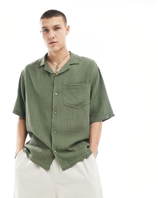 Collusion textured oversized camp collar short sleeve shirt with raw seam detail khaki-