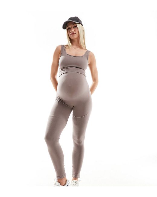 Mama.licious Maternity over the bump seamless ribbed legging taupe part of a set-