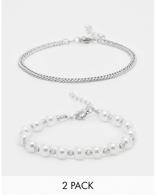 Lost Souls stainless steel beaded pearl and chain bracelet 2 pack