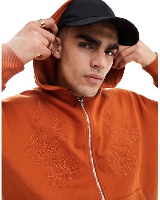 Asos Design oversized zip up hoodie with floral embroidery