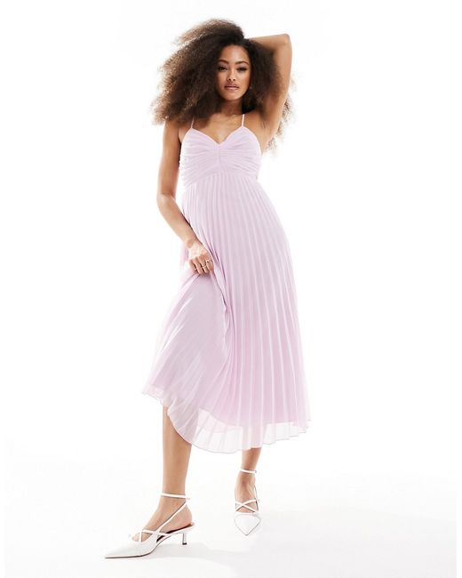 Asos Design pleated bodice strappy pleat midi dress with tie back detail lilac-