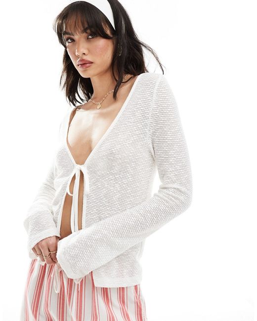 Asos Design knit look tie front long sleeve cardigan cream-