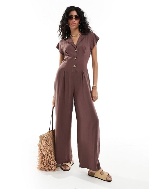 Asos Design collared linen button up jumpsuit chocolate-
