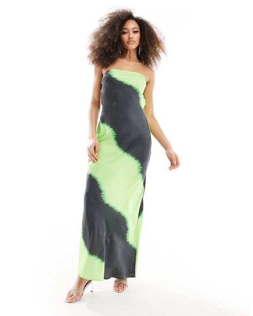 Asos Design satin bandeau bias cut maxi dress with tie back abstract print-