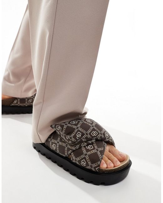 Asos Design puffer cross strap sandals monogram with black sole