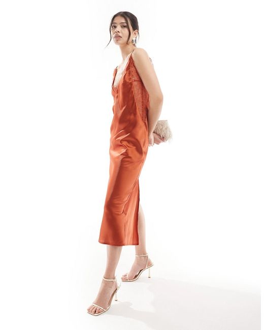 Asos Design satin cami maxi dress with lace trim rust-