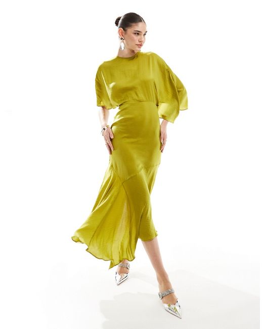 Asos Design satin flutter sleeve asymmetric hem midi dress chartreuse-